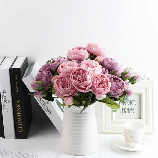 Couronnes de fleurs décoratives Frigg 30 cm Rose Rose Soie Pivoine Fleurs Artificielles Bouquet Pas Cher Fausse Fleur Plante DIY Pompon pour La Décoration De Mariage À La Maison Intérieur T230217