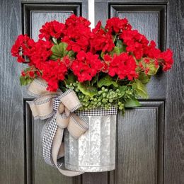 Couronnes de fleurs décoratives couronne de porte d'entrée grand panier de seau de géranium rouge décor de pâques ornements de fête décoratifs