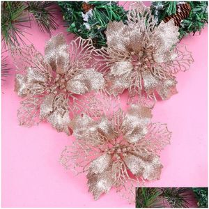 Couronnes de fleurs décoratives Glitter Poinsettia creux artificiel Noël arbre de Noël suspendu pendentif couronne livraison directe maison jardin F Dhos9