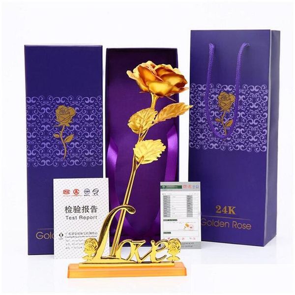Couronnes de fleurs décoratives feuille d'or fleur de rose artificielle dorée avec boîte-cadeau pour la Saint-Valentin, la fête des mères, l'anniversaire du mariage Dhzzc