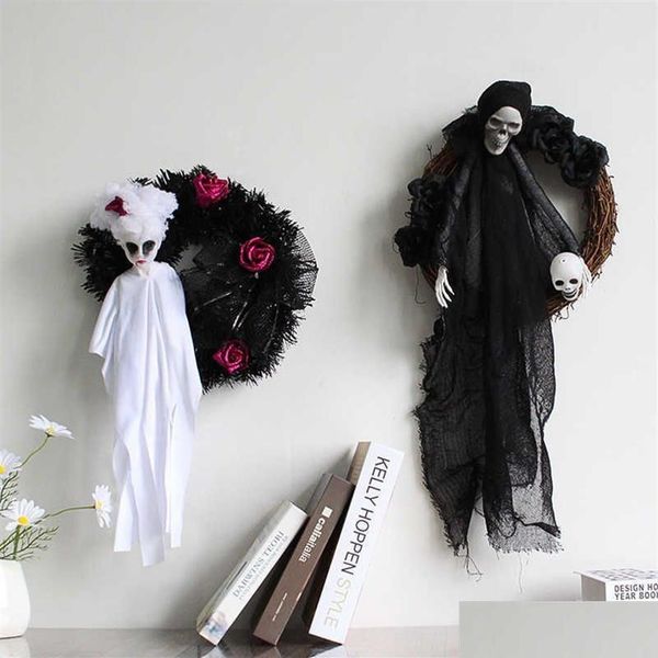 Guirnaldas de flores decorativas Halloween Negro Blanco Fantasma Puerta Colgante Festival Fiesta de terror Guirnalda Adornos para la cabeza Casa embrujada Deco Dhts0