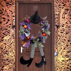 Decoratieve Bloemen Kransen Halloween Krans Decoraties Halloween Heksenkrans met Hoed Benen Pompoen Kunstmatige Voordeur Krans Hangende Decoratie voor T230927