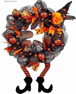 Decoratieve bloemenkransen Halloween-krans met led-verlichting Deur hangende decoratie Pompoen Heksenhoed Beenkrans Carnaval Feestcadeaus Thuis Halloween Decor T230927