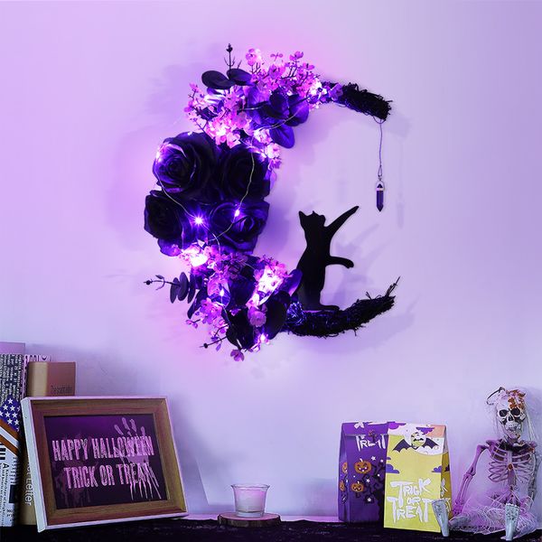 Couronnes de fleurs décoratives Couronne d'Halloween avec lumière LED Chauve-souris artificielle Corbeau Chat Lune pour porte d'entrée fenêtre mur décoration de fête à la maison 230915