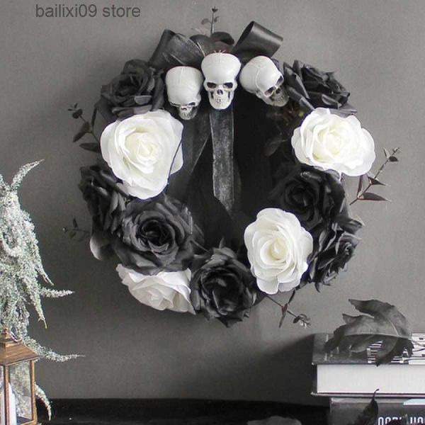 Couronnes de fleurs décoratives Couronne d'Halloween pour porte d'entrée Couronne de squelette suspendu noir blanc rose crâne couronne d'Halloween accessoires décoration t230927