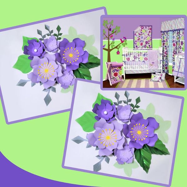 Flores decorativas Guirnaldas Hechas a mano Rosa púrpura Papel de bricolaje Juego de hojas verdes para la pared del cuarto de niños Deco Habitación para niños Baby Shower Telón de fondo Video Tuto