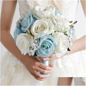 Dekorative Blumenkränze mit künstlichem natürlichem Rosenstrauß mit Seidensatinband Rosa Weiß Blau Brautjungfer Brautparty 2023 Dhsjt