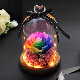 Couronnes de fleurs décoratives, décoration de maison, cadeaux de fête de mariage, vraie fleur dans un dôme de verre sur Base en bois pour la saint-valentin LED Ro327W