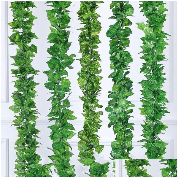 Fleurs décoratives Couronnes Feuilles 2M Artificielle Vert Feuille De Raisin Autres Boston Ivy Vignes Décorées Faux Fleur Canne En Gros Hh08 Dhs8I