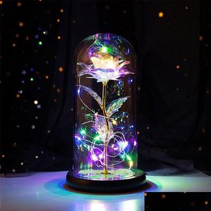 Couronnes de fleurs décoratives LED galaxie enchantée rose éternelle fleur en feuille d'or 24 carats avec guirlandes lumineuses en dôme pour Noël V Dh5S3