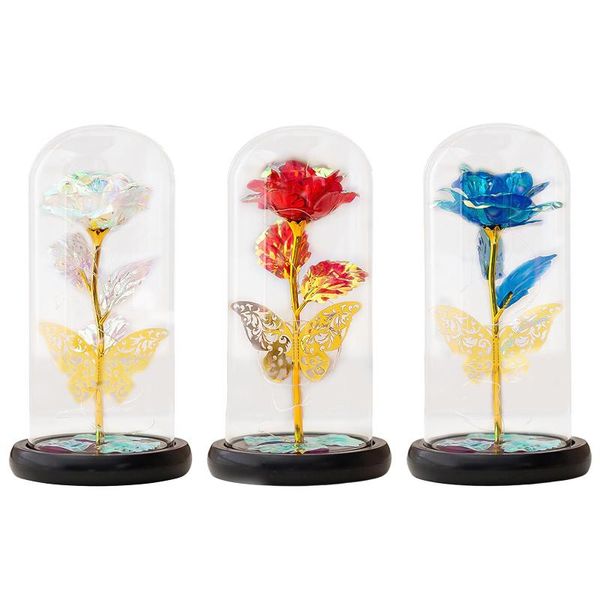 Guirnaldas de flores decorativas LED Eternal Rose se iluminan en una cúpula de vidrio Flor artificial para siempre con mariposa de lámina dorada Regalos únicos para mamá