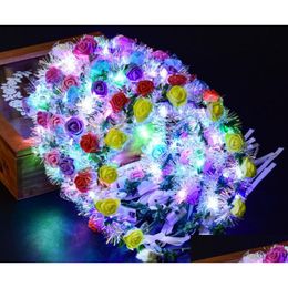 Decoratieve Bloemen Kransen Led Bloemenkrans Gloeiende Garland Goud Zijde Colorf Bruid Hoofdband Lichten Lint Rotan Fee Hoofdtooi Fe Dh2Tu