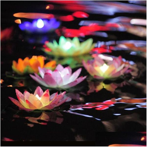 Flores decorativas Guirnaldas Led Lámpara de loto Colorf Cambiado Piscina de agua flotante Deseando Luz Linterna Vela sin llama Lámparas de flores F Dhta9