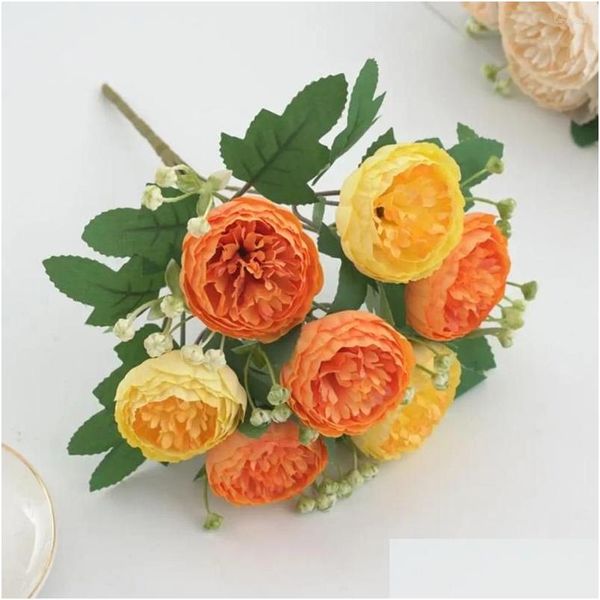 Fleurs décoratives couronnes de longue durée de pivoines artificielles réalistes avec tige 7 fausses de tête pour la décoration intérieure Po Drop de Otgcd