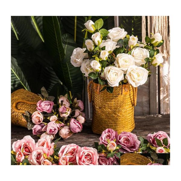 Couronnes de fleurs décoratives longue tige branche de rose artificielle pour la décoration gros et bourgeons faux décor de mariage à la maison blanc fausse fleur Otsre