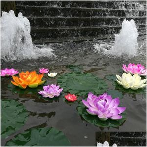 Fleurs décoratives Couronnes Lotus Lis Artificiel Flottant Eau Fleur Étang Pads Plantdecorppondspool Faux Simation Feuilles Decorati Dhxiu