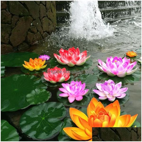 Couronnes de fleurs décoratives Lotus Lys artificiel flottant Fleur d'eau Pondplants Pads Decorponds Simation Faux Piscine Aquariumreali Dhv2X