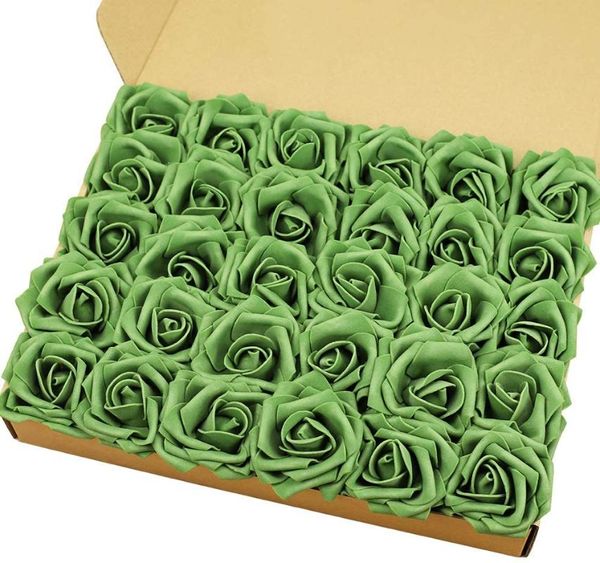 Couronnes de fleurs décoratives MACTING Roses artificielles, 30 roses en mousse Real Touch avec tiges pour mariage, décoration intérieure, vert armée