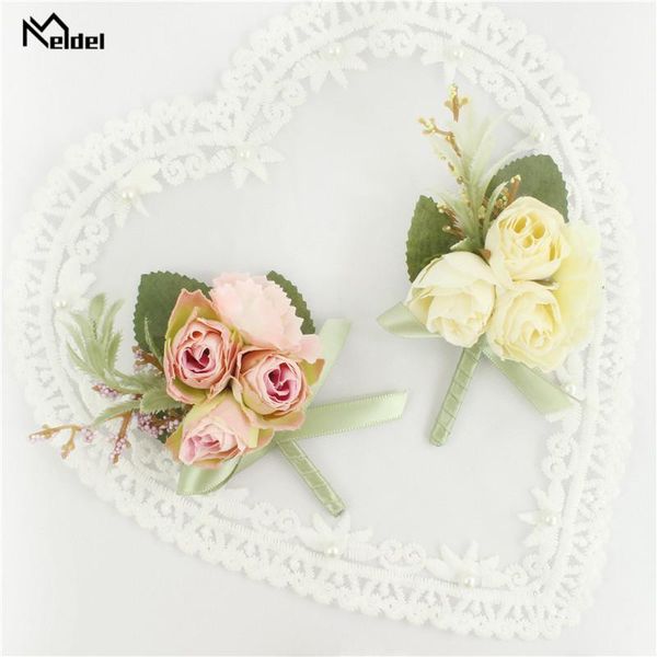 Flores decorativas Guirnaldas Meldel Ramillete Boda Boutonnieres Rosas rosadas Pulsera de seda Novio Hombre Traje Ojal Broche Prendedores Matrimonio Acc