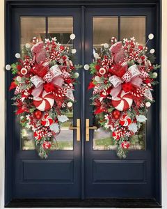 Fleurs décoratives couronnes joyeux noël guirlande pour la porte d'entrée de la fenêtre de la fenêtre murale suspension des ornements de canne à canne 2023 ans décorations de maison couronne 221109