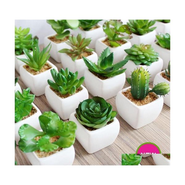 Guirnaldas de flores decorativas Mini plantas verdes artificiales con maceta de cerámica PVC Bonsai Paisaje en maceta Succent Cactus para oficina Hom Dhtvs