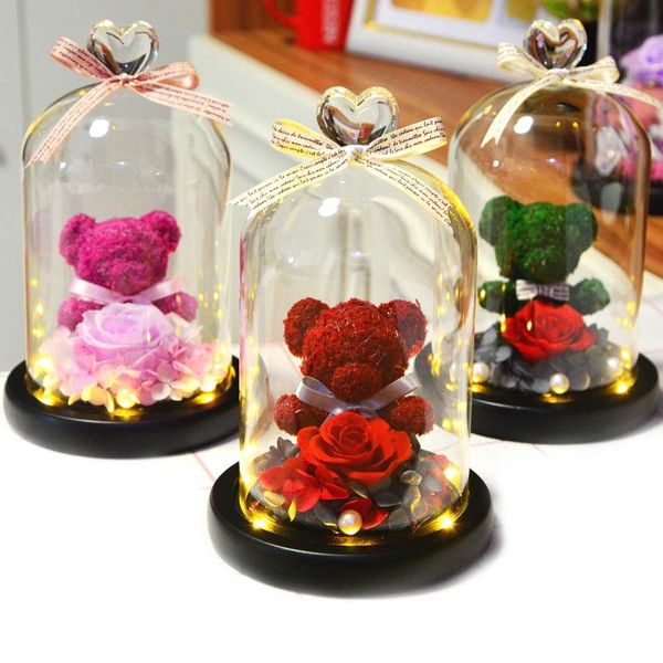 Guirnaldas de flores decorativas regalo del Día de la madre para mamá encantador oso de peluche rosa eterna en cúpula de cristal regalos de flores preservadas mujeres ella