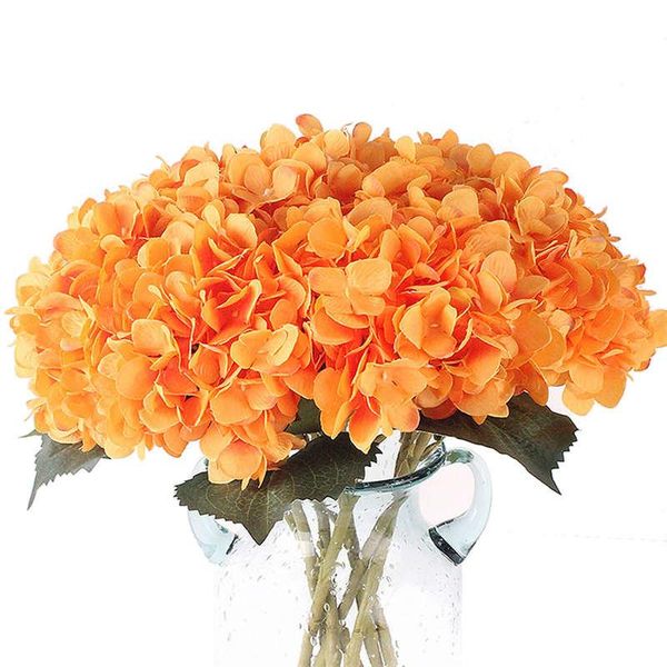 Flores decorativas coronas de seda naranja Hortensia Artificial realista ramo de boda Flores Artificiales Para decoración Hogar Decoración del hogar