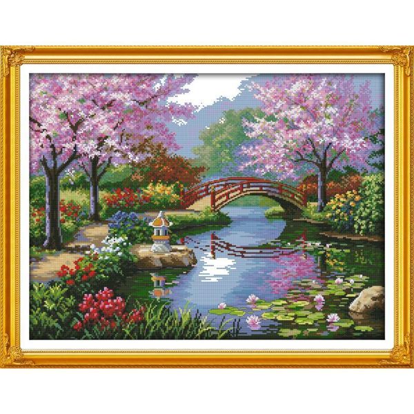 Fleurs décoratives couronnes parc paysage fleur de cerisier Kit de point de croix 11CT 14CT aiguille et fil broderie bricolage maison paysage peinture 230625