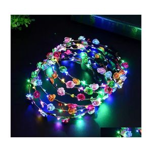 Couronnes De Fleurs Décoratives Parti Clignotant Led Bandeaux Cordes Glow Fleur Couronne Bandeaux Lumière Rave Floral Cheveux Guirlande Luminou Dhx14