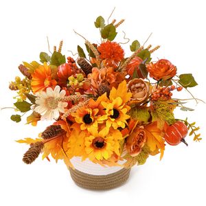 Decoratieve Bloemen Kransen PARTY JOY 2 stuks Herfst Kunstmatige Zonnebloembloemen Zijden Esdoornbladeren Boeket Nep Pompoen Halloween Open haard Tafel Herfstdecoratie 230905