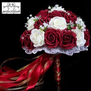 Decoratieve Bloemen Kransen Perfectlifeoh Bordeaux Bruidsboeket RozeRoodWitKoningsblauw Bruids Bruidsmeisje Kunstbloem Roos Bruid 230809