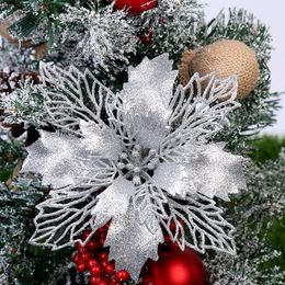 Pièces de couronnes de fleurs décoratives 9CM Paillettes Artificielles De Noël Poinsettia Fleur Pick Décoration De Guirlande D'arbre De Noël Pour L'annéeDécorative