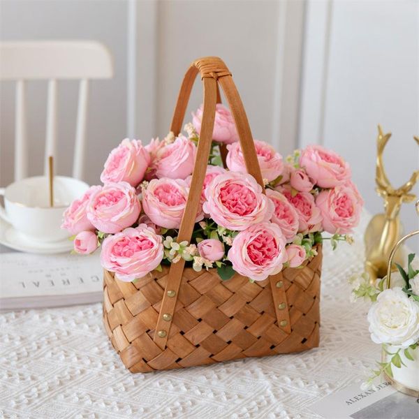 Décoratif Fleurs Couronnes Rose Artificielle Soie Pivoine Bouquet Thé Rose Faux Plante Pour DIY Salon Maison Jardin De Mariage Automne Decoratio