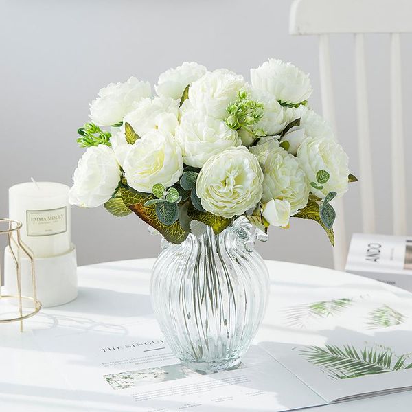Fleurs décoratives Couronnes Rose Rose Automne Soie Artificielle De Mariage Décoration De Haute Qualité De Luxe Pivoine Bouquet Blanc Faux Fleur Wa