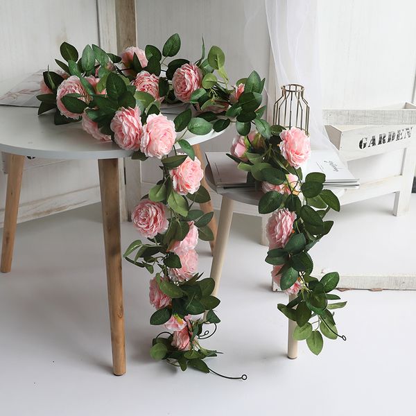 Flores decorativas Guirnaldas Rosa Seda Peonía Rosa Flor Ratán Hiedra artificial Banquete de boda Colgante de pared Guirnalda Hogar Jardín Decoración Plantas verdes 230522