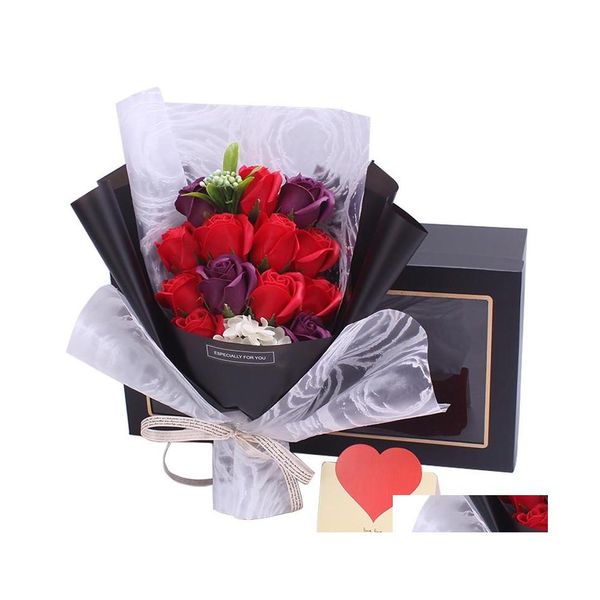 Flores decorativas Guirnaldas Preservadas Jabón eterno Ramo de rosas Caja de regalo Día de San Valentín Cumpleaños Navidad Boda Rojo Presente Gota Dh9Ra