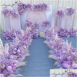 Fleurs décoratives couronnes arrangement de fleurs artificielles violettes Cotreau de mariage Table de la route de la route de la route de la mise en page de la fête de la fête