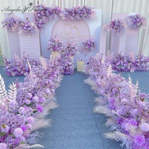 Couronnes de fleurs décoratives Violet Arrangement de fleurs artificielles Passerelle de mariage Route Route Table de fond Mise en page Décoration murale de fête