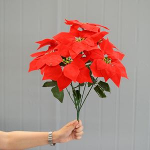 Guirnaldas de flores decorativas Franela de tacto real Navidad artificial Poinsettia roja Arbustos Ramos Adornos para árboles de Navidad Centro de mesa Decorativo