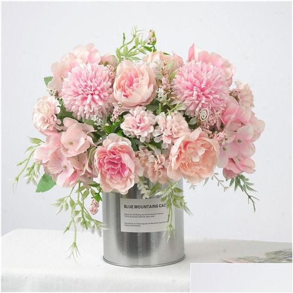 Fleurs décoratives couronnes réelles tactiles Silk Rose Peony Fake Artificial Bouquet Plantes Flower Ball Wedding Mariage Home Garden Party Dho8y