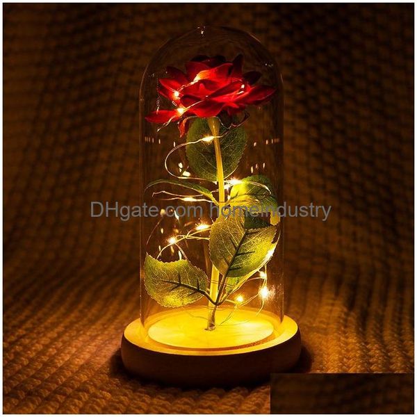 Couronnes de fleurs décoratives Romantique Éternelle Rose Fleur Verre ER La Belle et la Bête Lampe à batterie LED Anniversaire Saint Valentin Mère Gi Dhqn