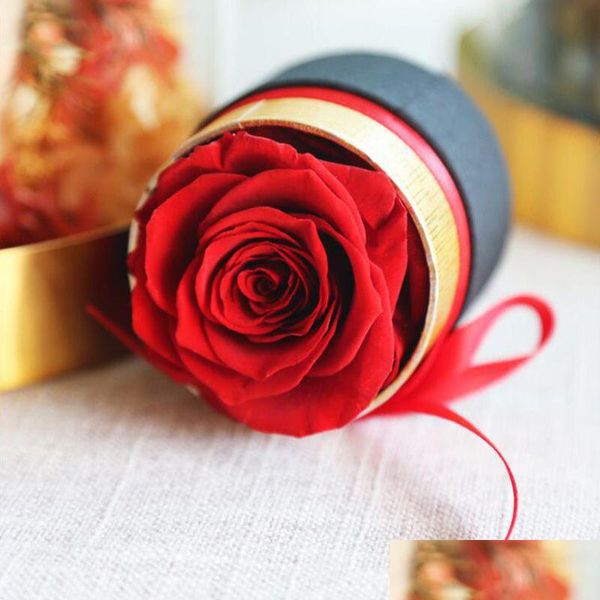 Couronnes de fleurs décoratives Rose éternelle romantique dans une boîte de vraies fleurs préservées avec ensemble de cadeaux de Saint-Valentin Le cadeau de fête des mères Drop D Dhhcz