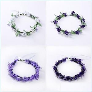 Coronas de flores decorativas Corona de flores de lavanda romántica Color púrpura Coronas de aro para el cabello Damas Flores artificiales Suministros festivos DHMFS