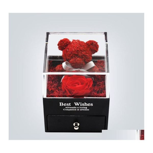 Flores decorativas Guirnaldas Oso de rosa Caja de joyería real conservada hecha a mano Flor de Navidad Conjunto de regalo de cumpleaños de boda para Drop Deli Otefx