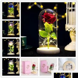 Couronnes de fleurs décoratives Rose dure avec des lumières LED dans un dôme en verre Saint Valentin Anniversaire de mariage Cadeaux d'anniversaire Party Decorati Dhrql