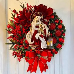 Guirnaldas de flores decorativas Corona de Navidad sagrada con luces Belén Guirnaldas de Navidad 40 40 cm Decoraciones de pared para puerta de entrada 308j