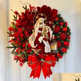 Decoratieve bloemenkransen Heilige kerstkrans met verlichting Hangende ornamenten Voordeur Wanddecoraties Vrolijke boom Kunstmatige Dhwuo