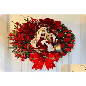 Decoratieve bloemenkransen Heilige kerstkrans met verlichting Hangende ornamenten Voordeur Wanddecoraties Merry Tree Drop Deliv Dhueg