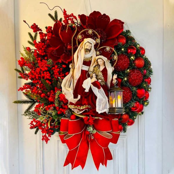 Couronnes de fleurs décoratives Couronne de Noël sacrée avec lumières Ornements suspendus Décorations murales de porte d'entrée Joyeux arbre de Noël Guirlande artificielle T221007
