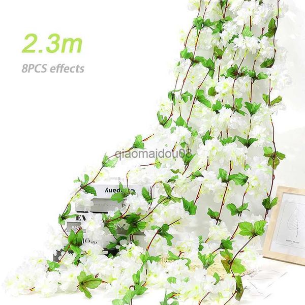 Guirnaldas de flores decorativas Sakura Vine Artificial Hanging Garland Rattan para DIY Wedding Arch Wall Decoración del hogar Cherry Blossom Fake Flower Plant HKD230818